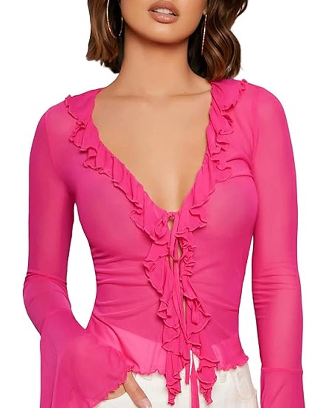 Solid Ruffle Trim Lace Up V-Neck Flare Sleeve Pink Top