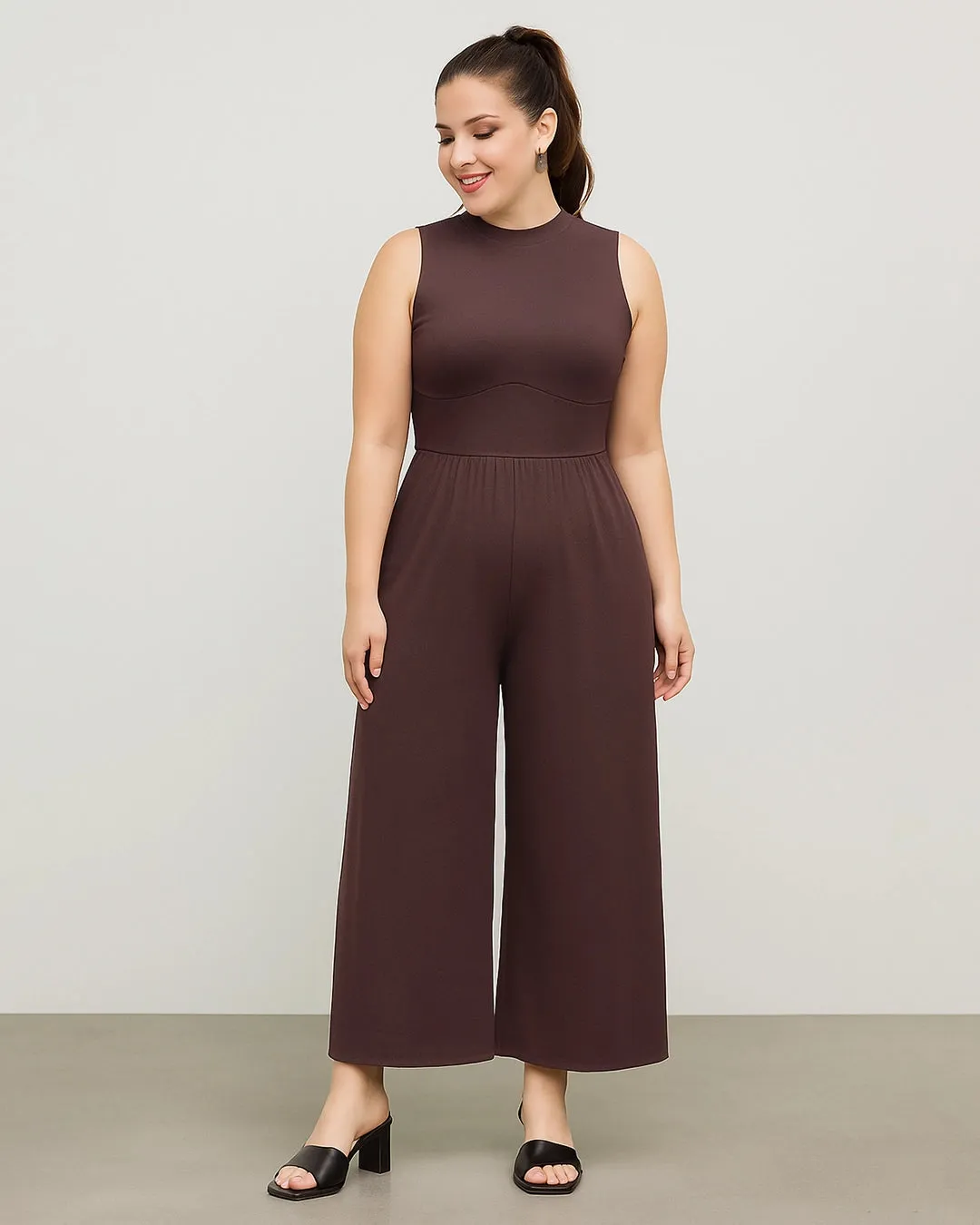 Solid Sleeveless Wide Leg Brown Jumpsuit Curve & Plus