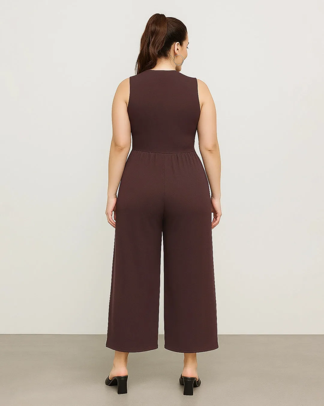 Solid Sleeveless Wide Leg Brown Jumpsuit Curve & Plus - Image 2