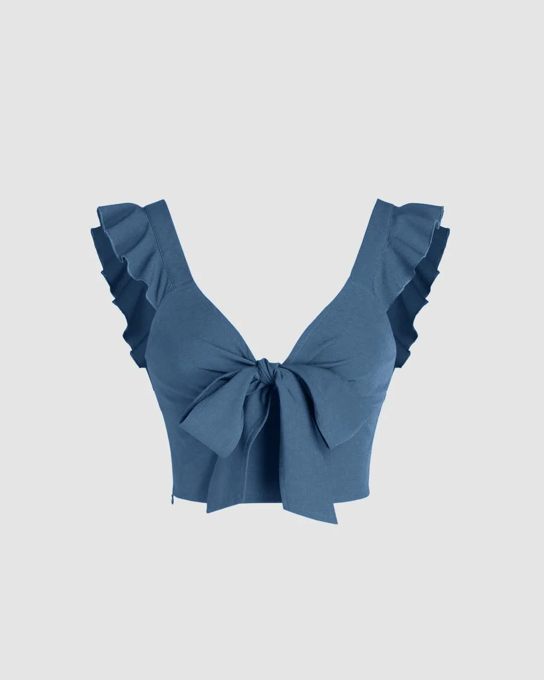 Solid V-Neck Ruffle Knotted Blue Crop Top