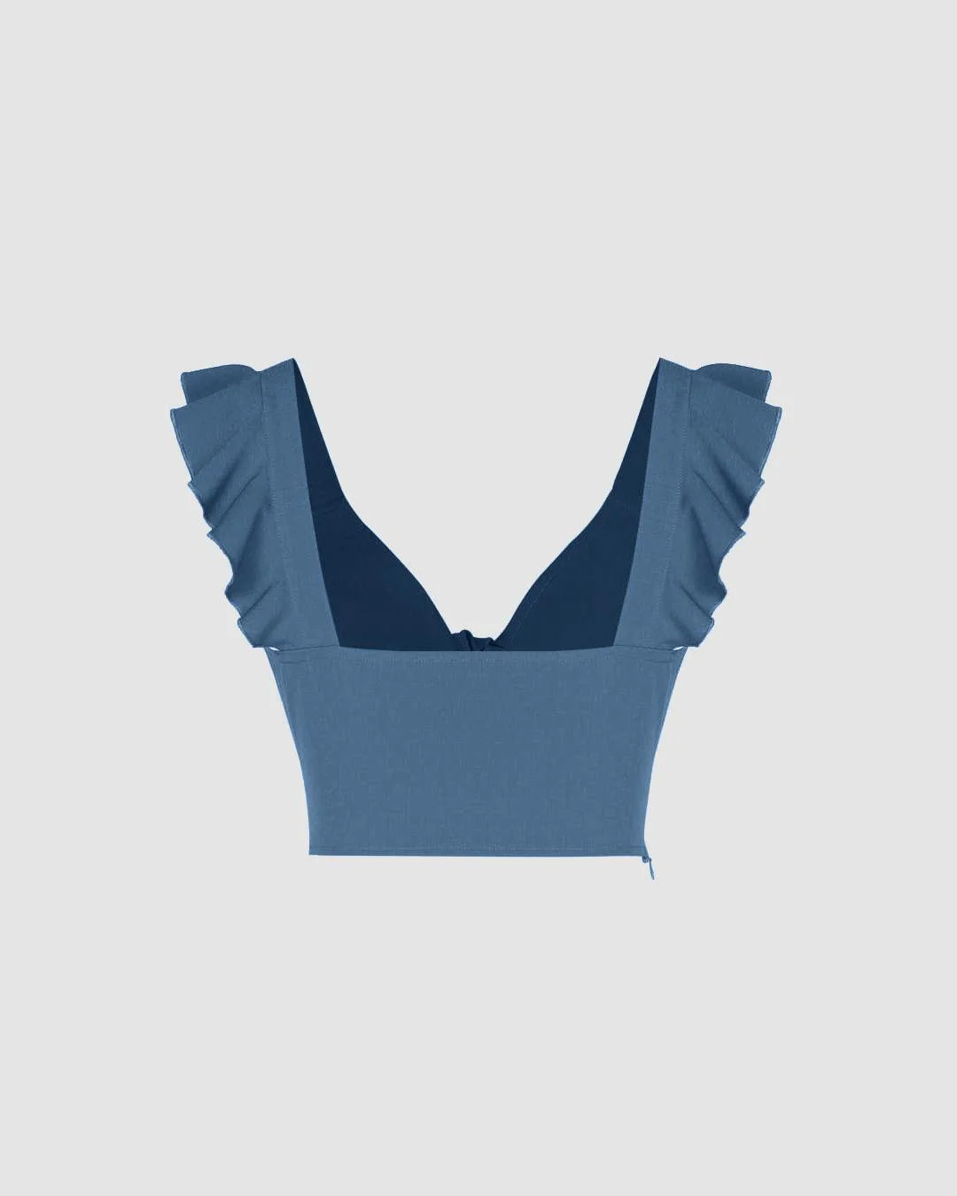 Solid V-Neck Ruffle Knotted Blue Crop Top - Image 2