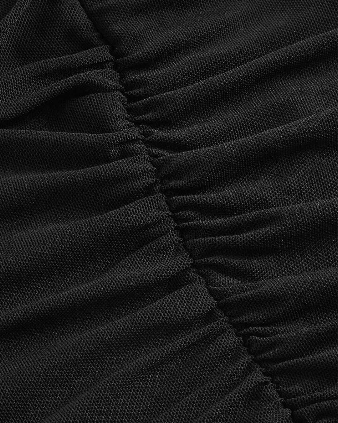Square Neck Bell Sleeve Asymmetrical Sheer Mesh Black Crop Top - Image 3