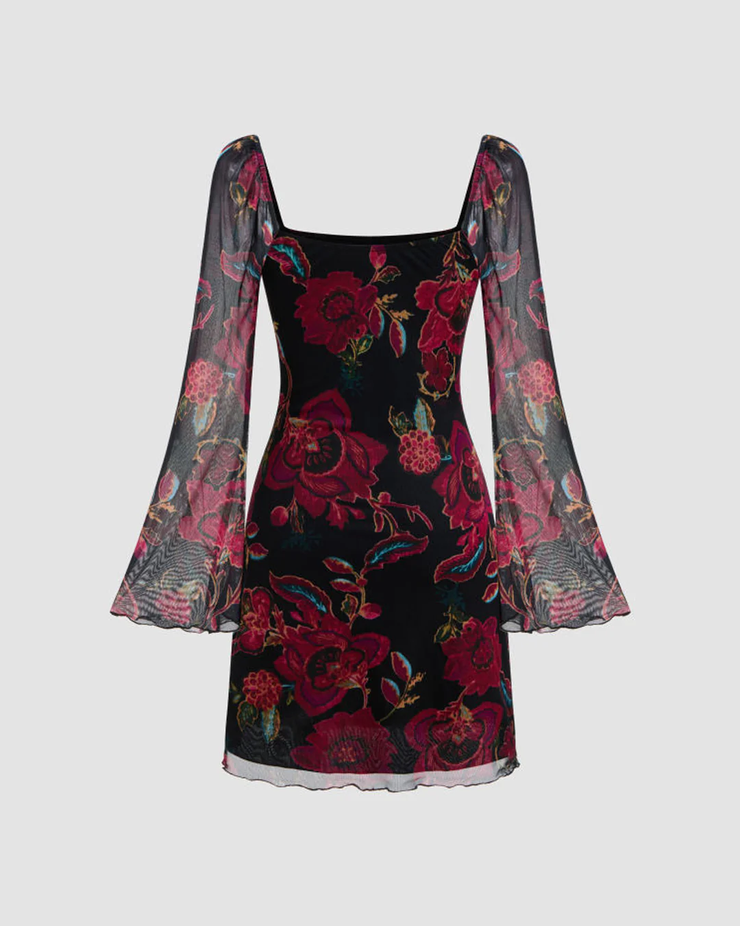 Square Neck Floral Lettuce Trim Ruched Mini Dress - Image 3
