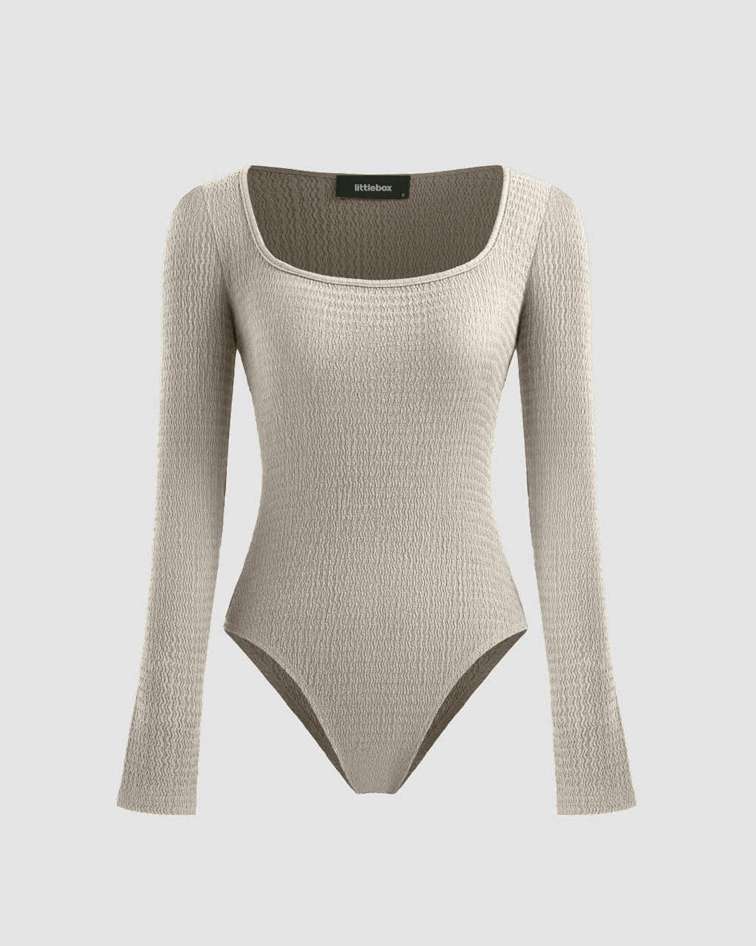Square Neck Long Sleeve Bodysuit In Light Grey