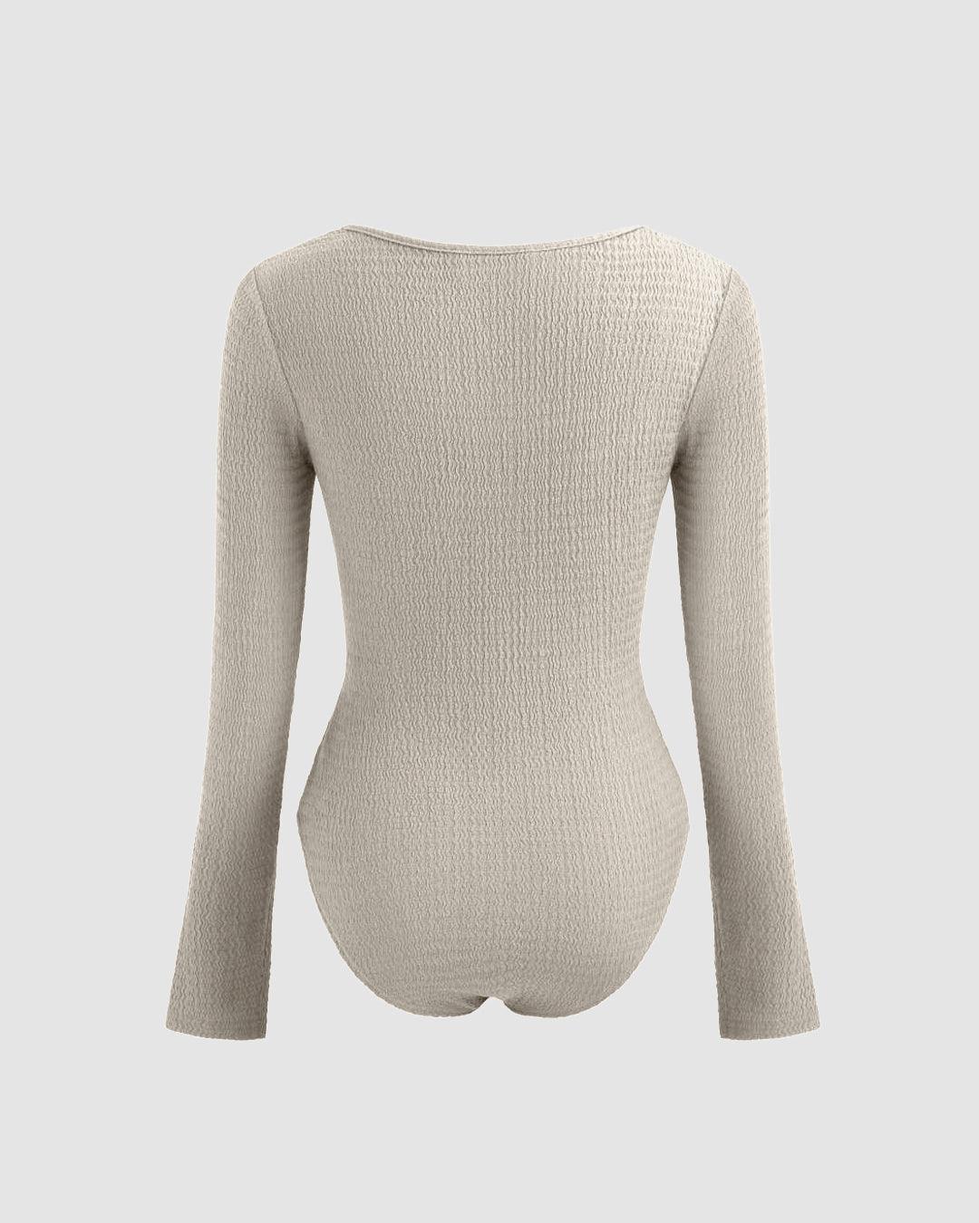 Square Neck Long Sleeve Bodysuit In Light Grey - Image 2