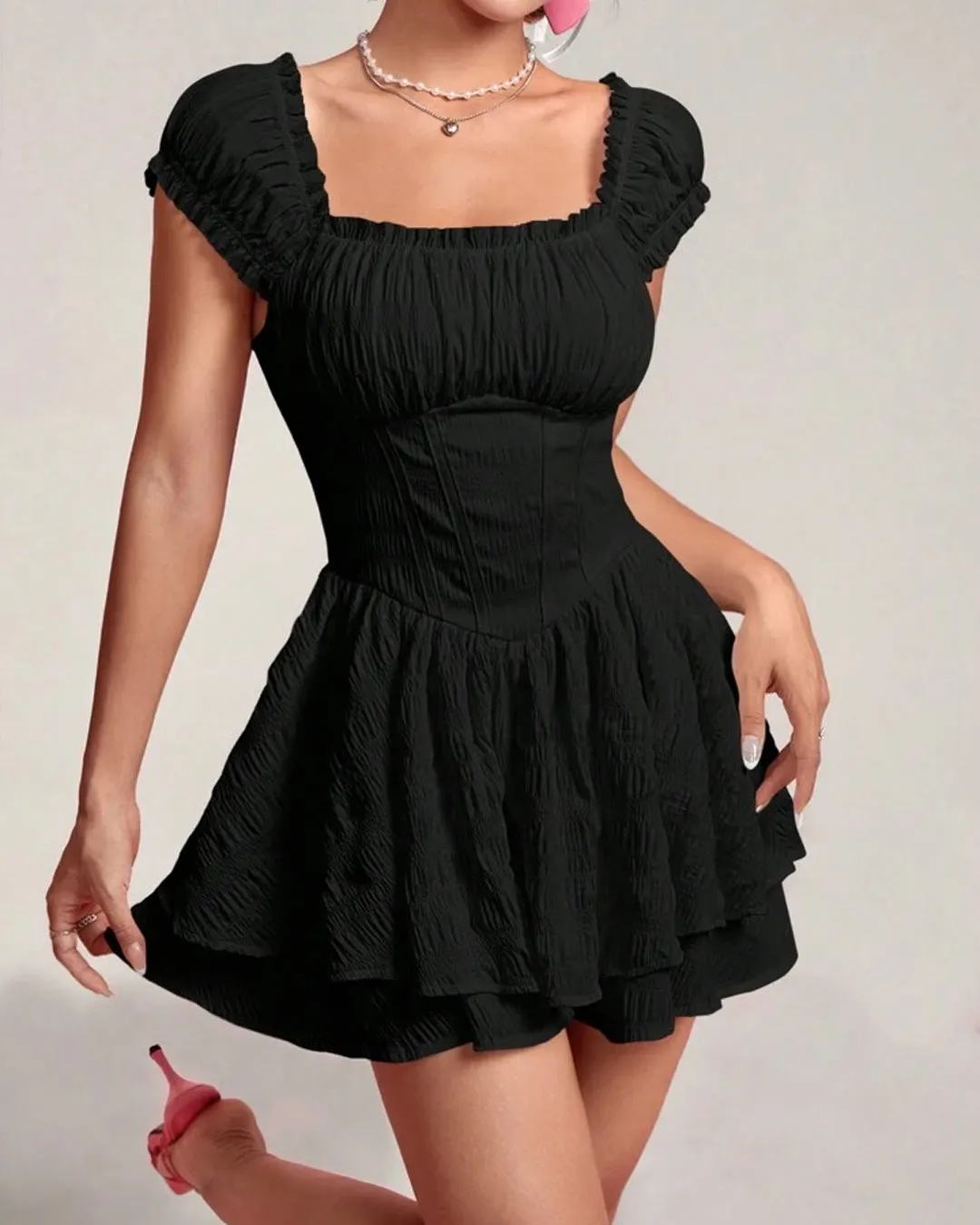Square Neck On and Off Shoulder Double Layer Short Sleeve Dress In Black