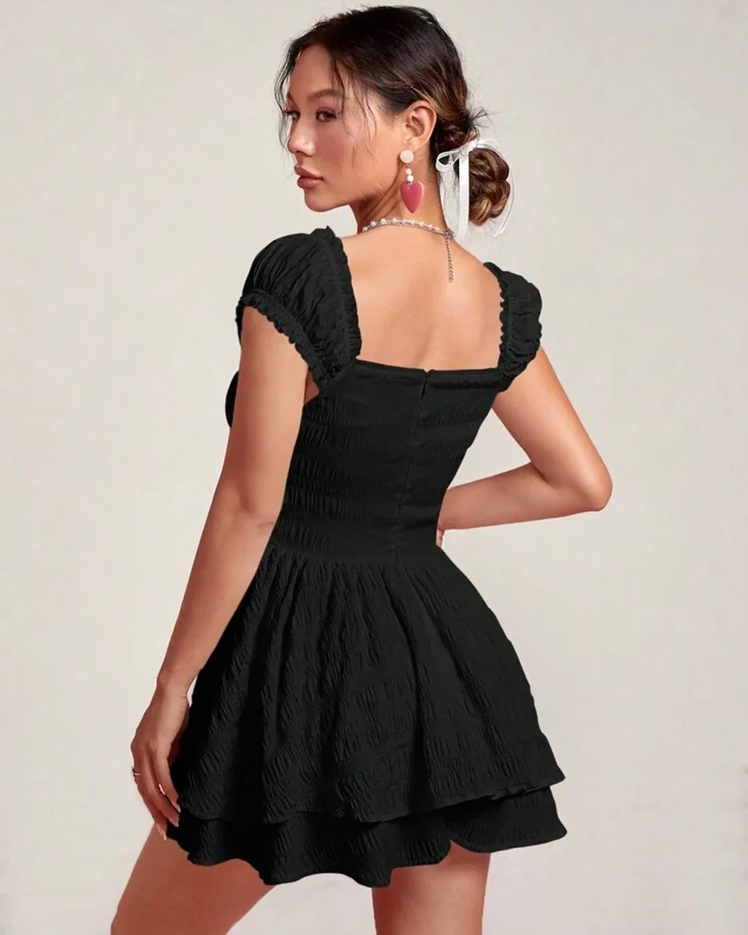 Square Neck On and Off Shoulder Double Layer Short Sleeve Dress In Black - Image 3