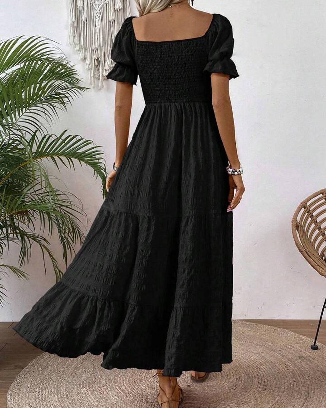 Square Neck Puff Sleeve A-line Puff Sleeve Long Black Dress - Image 3