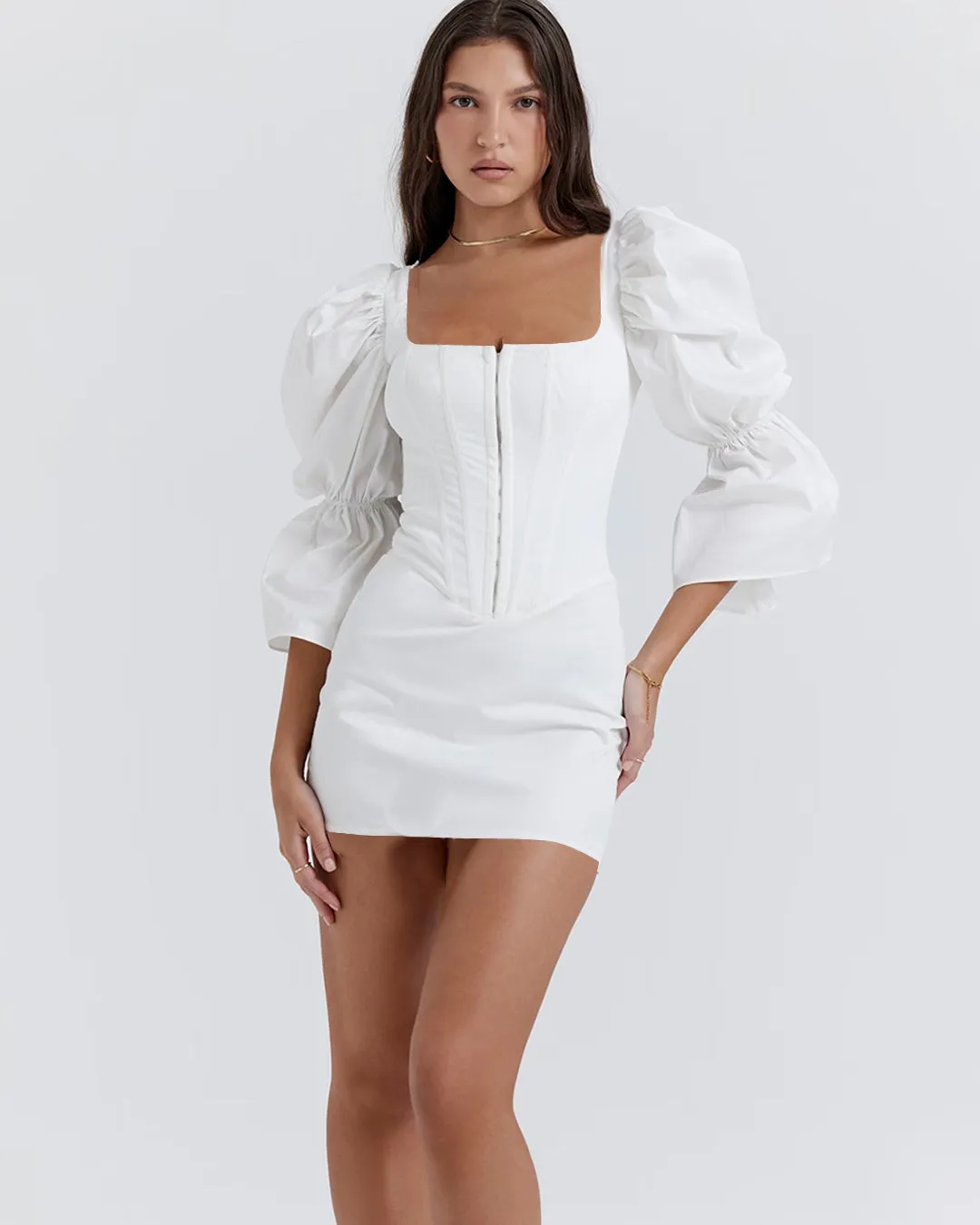 Square Neck Puff Sleeve Corset White Dress