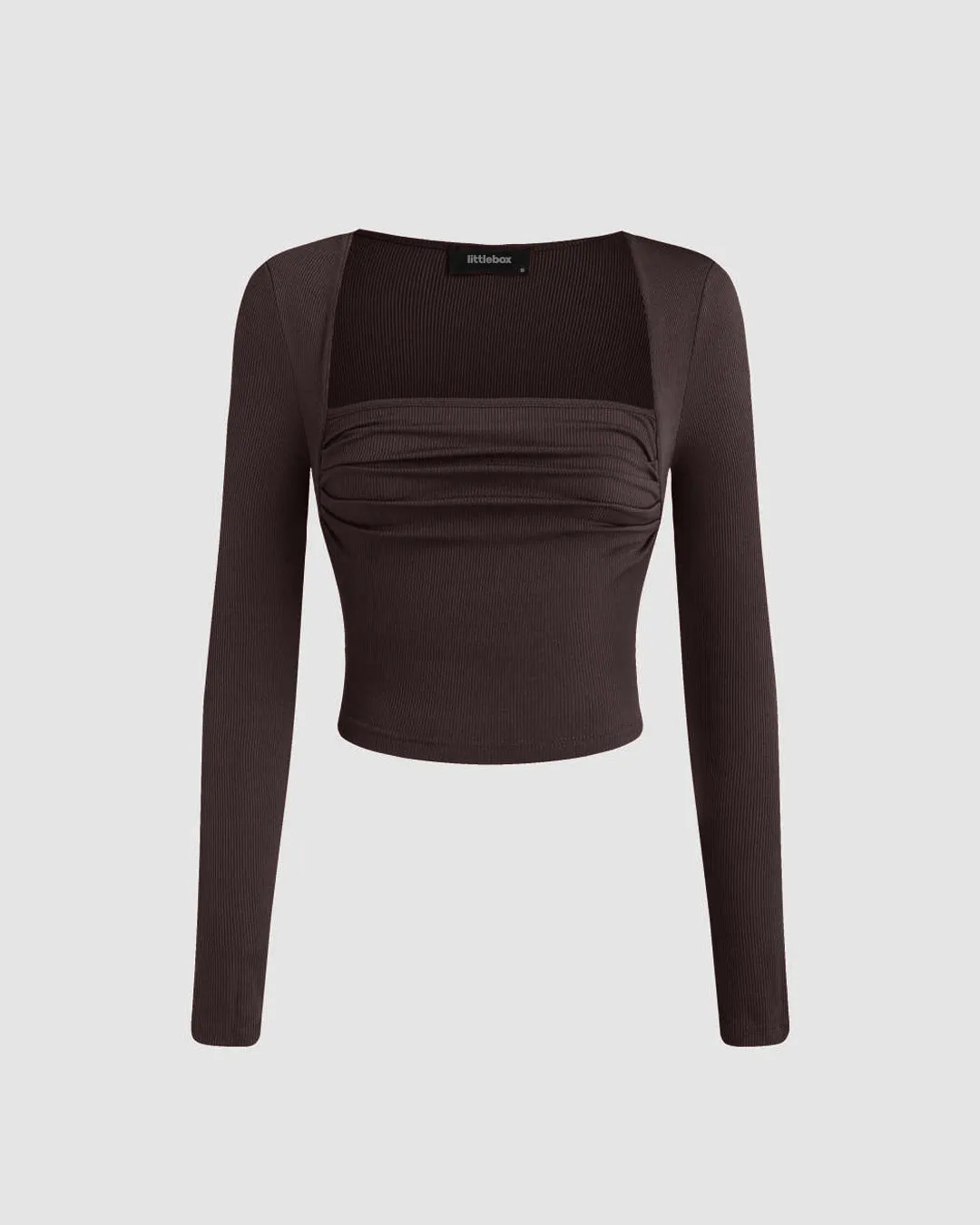Square Neck Ruched Long Sleeve Top In Chocolate Brown