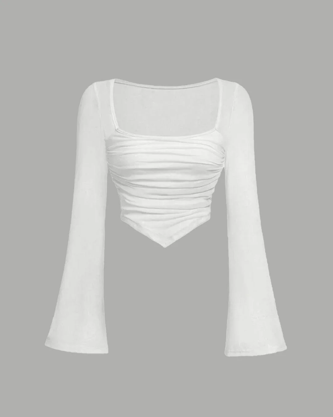 Square Neck Ruched See-Through Bell Sleeves Top In White