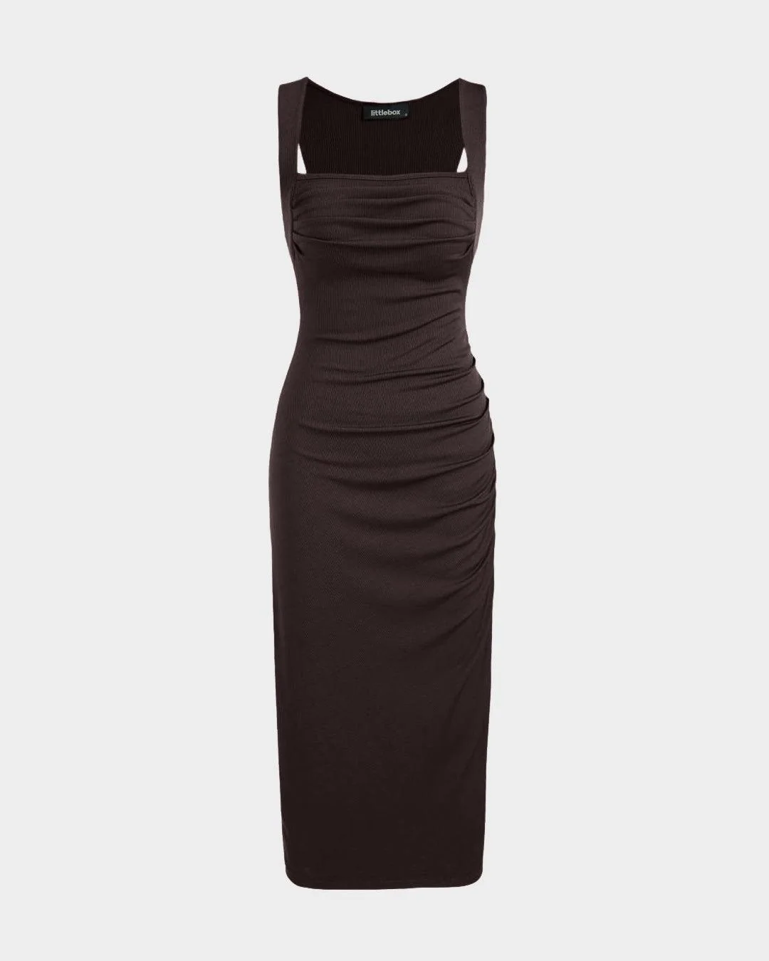 Square Neck Ruched Sleeveless Midi Dress In Dark Brown