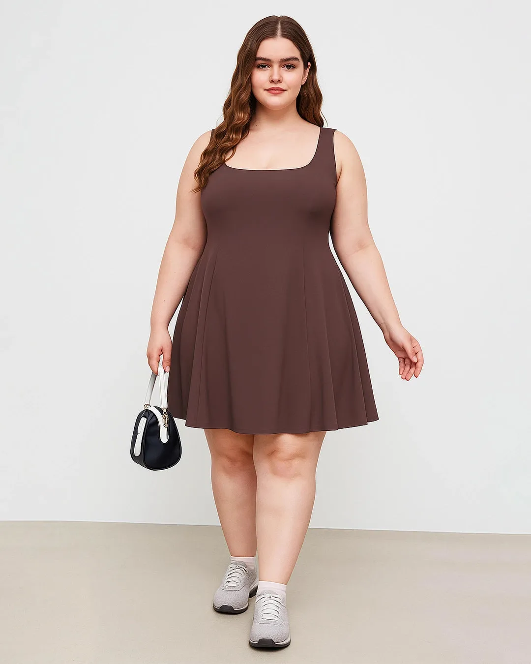Square Neck Solid Pleated Cami Brown Mini Dress Curve & Plus