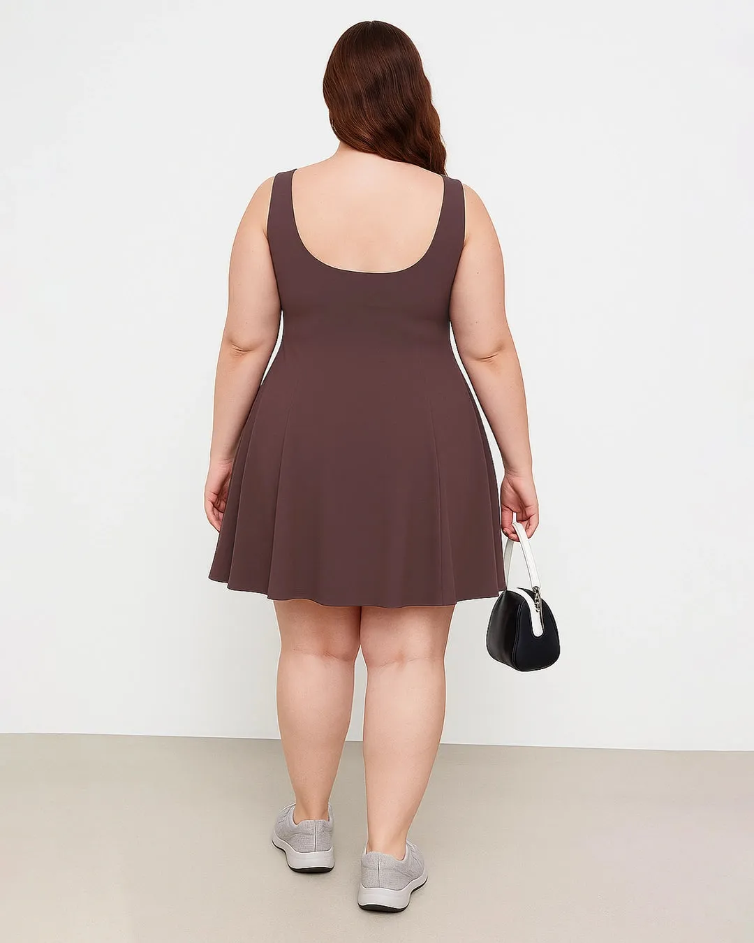 Square Neck Solid Pleated Cami Brown Mini Dress Curve & Plus - Image 2