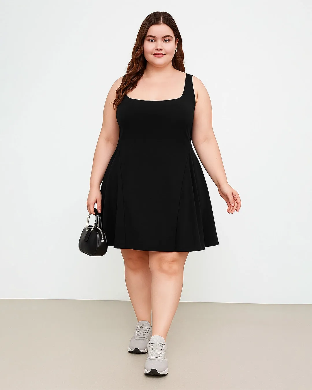 Square Neck Solid Pleated Cami Black Mini Dress Curve & Plus