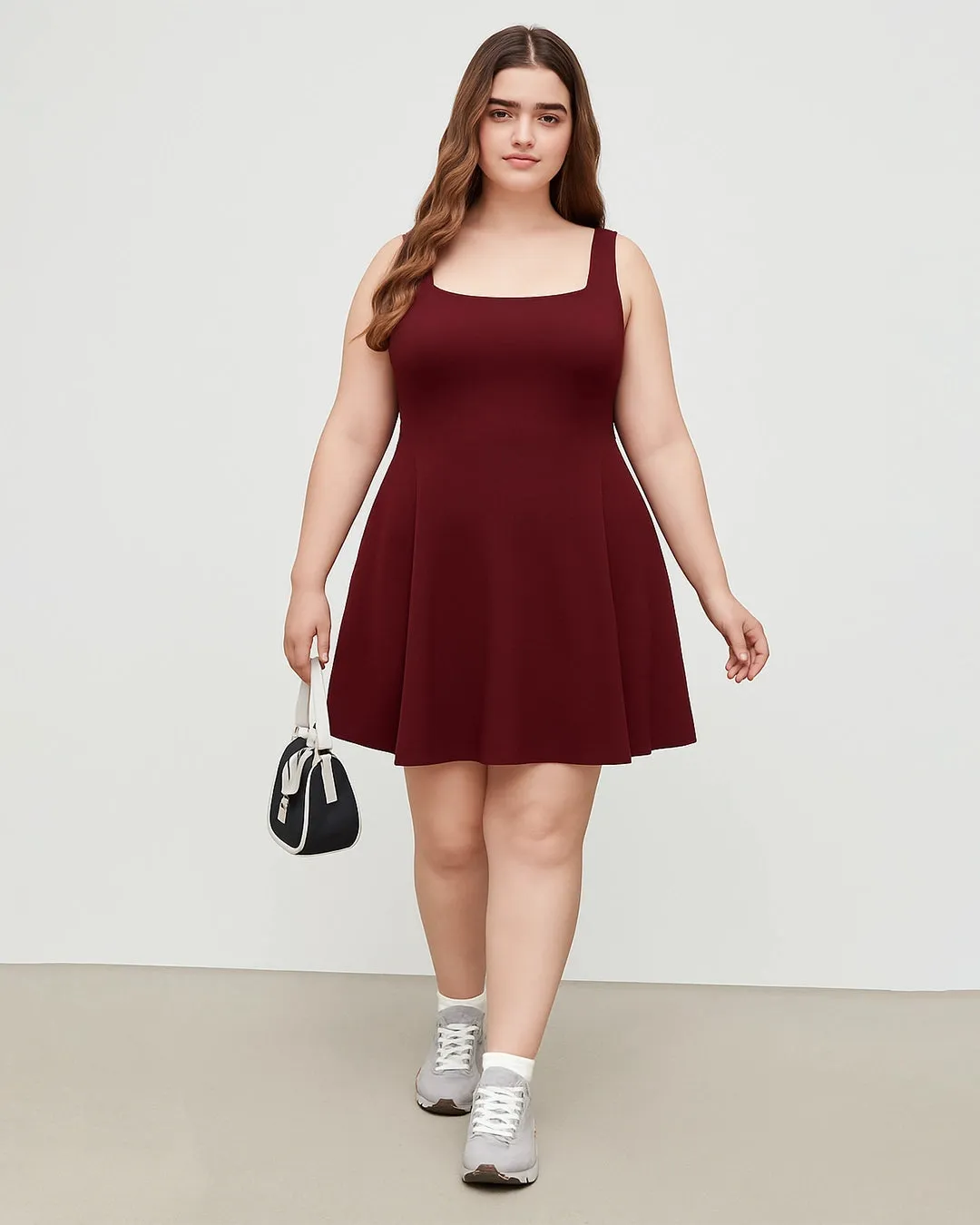 Square Neck Solid Pleated Cami Mini Dress Curve & Plus In Maroon