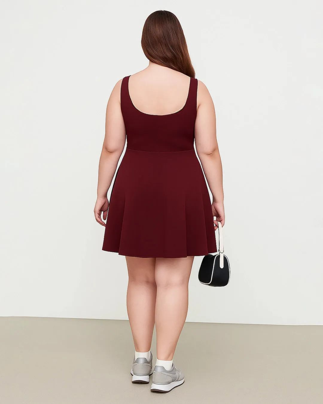Square Neck Solid Pleated Cami Mini Dress Curve & Plus In Maroon - Image 2