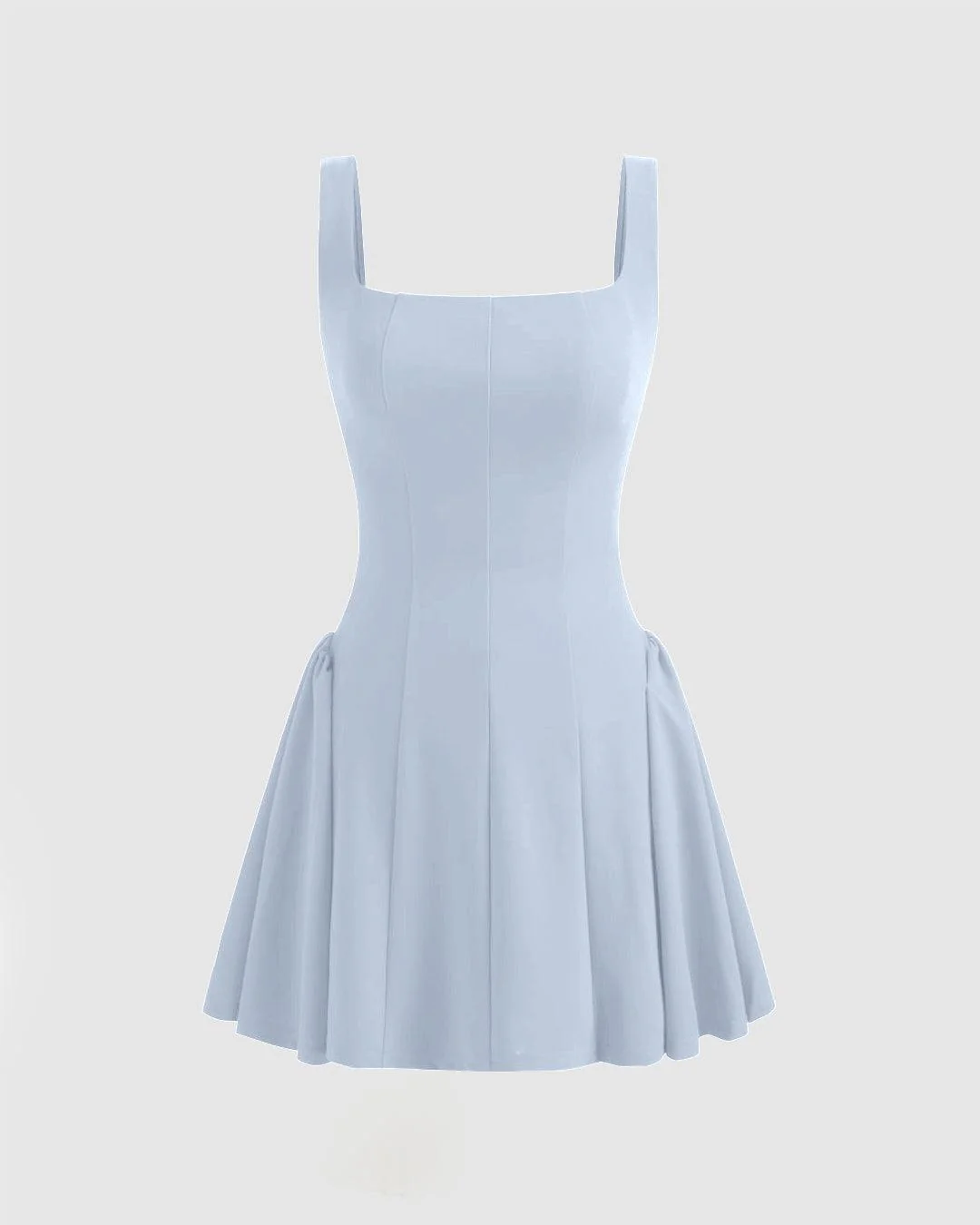 Square Neck Solid Pleated Mini Dress In Blue