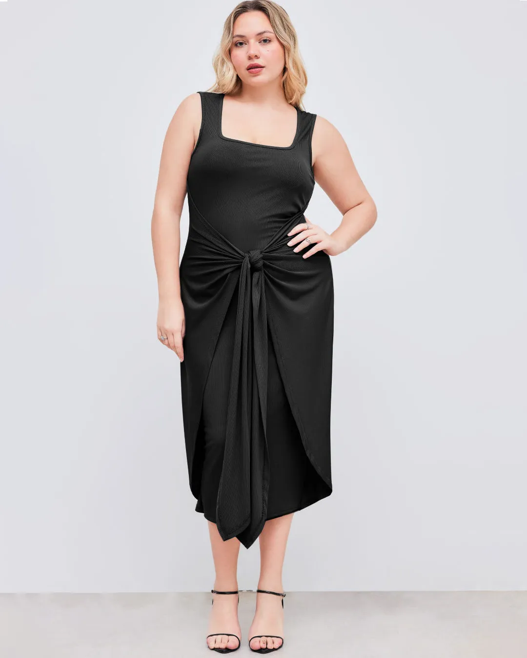 Square Neck Solid Twist Knotted Black Maxi Dress Curve & Plus
