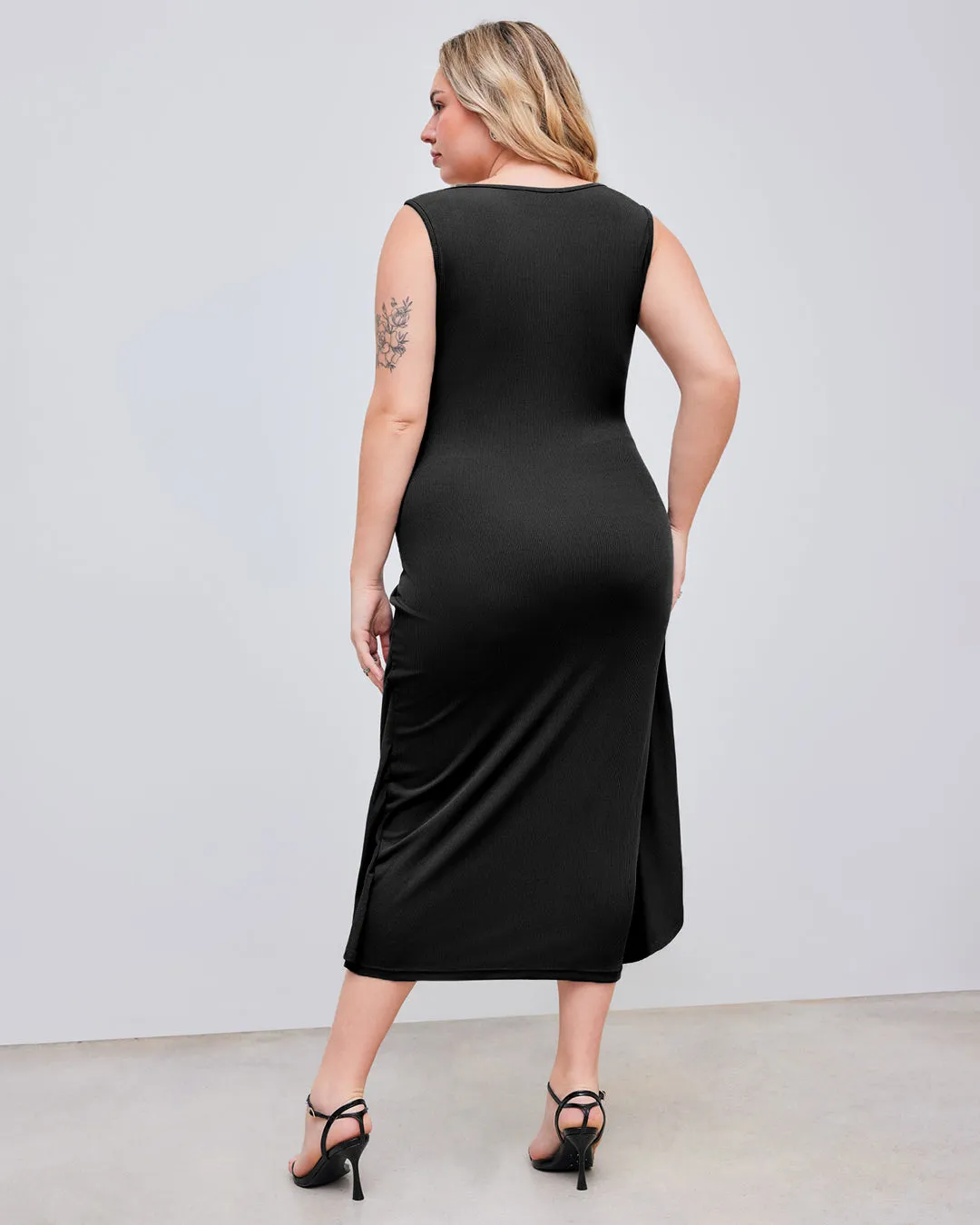Square Neck Solid Twist Knotted Black Maxi Dress Curve & Plus - Image 2