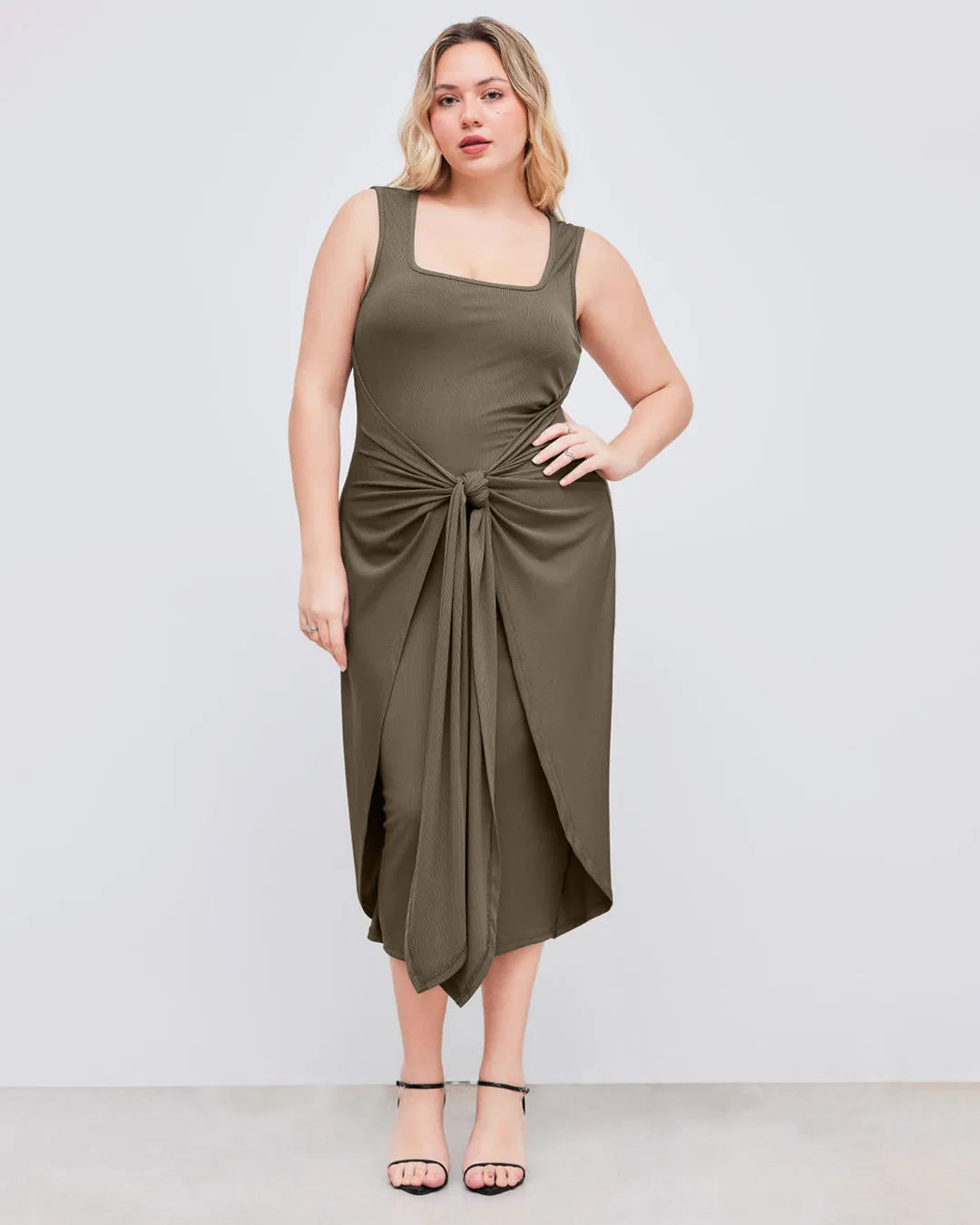 Square Neck Solid Twist Knotted Grey Maxi Dress Curve & Plus