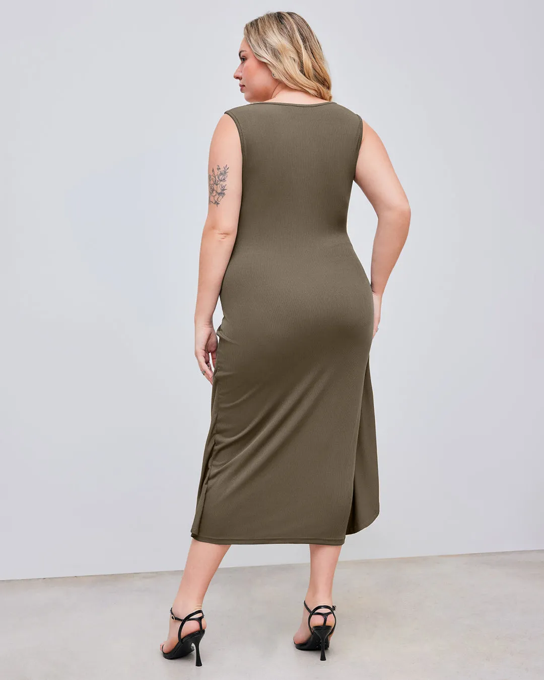 Square Neck Solid Twist Knotted Grey Maxi Dress Curve & Plus - Image 2
