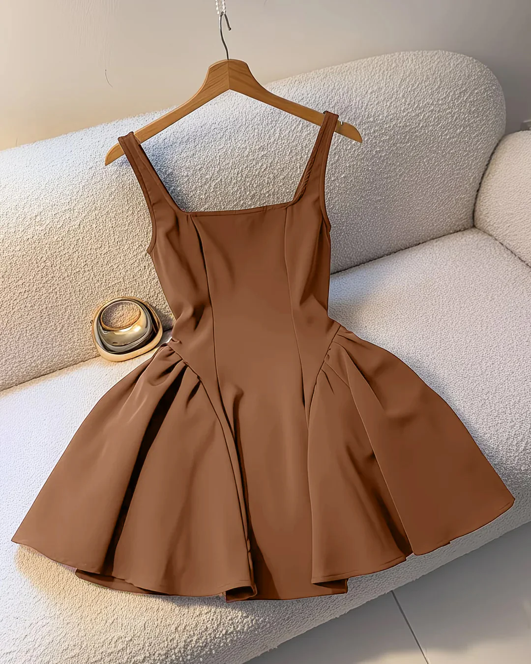 Square neck zipper detail Sleeveless Flared Mini Dress in Brown