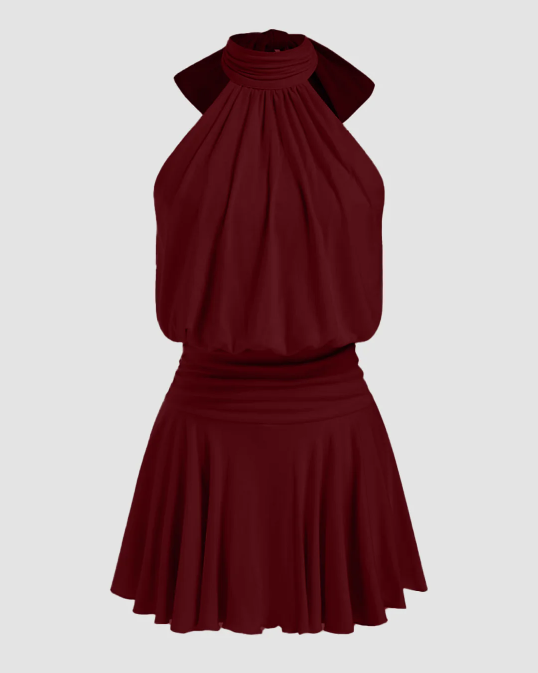Stand Collar Sleeveless A-Line Mini Dress with Scarf in Maroon