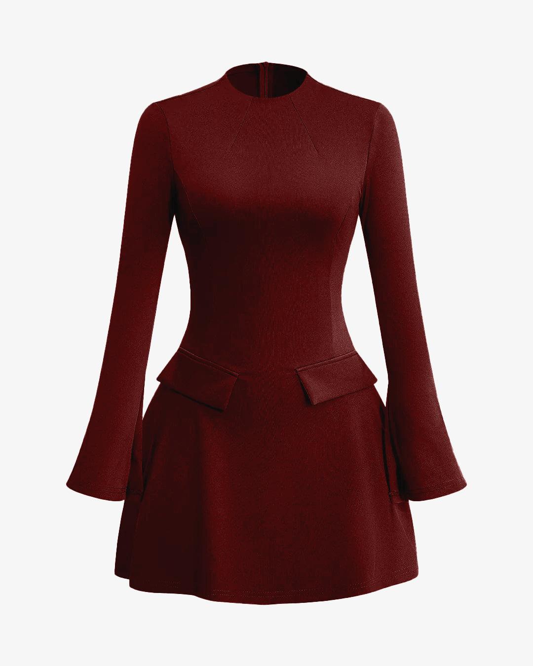 Stitching Bell Sleeve Mini Dress In Maroon