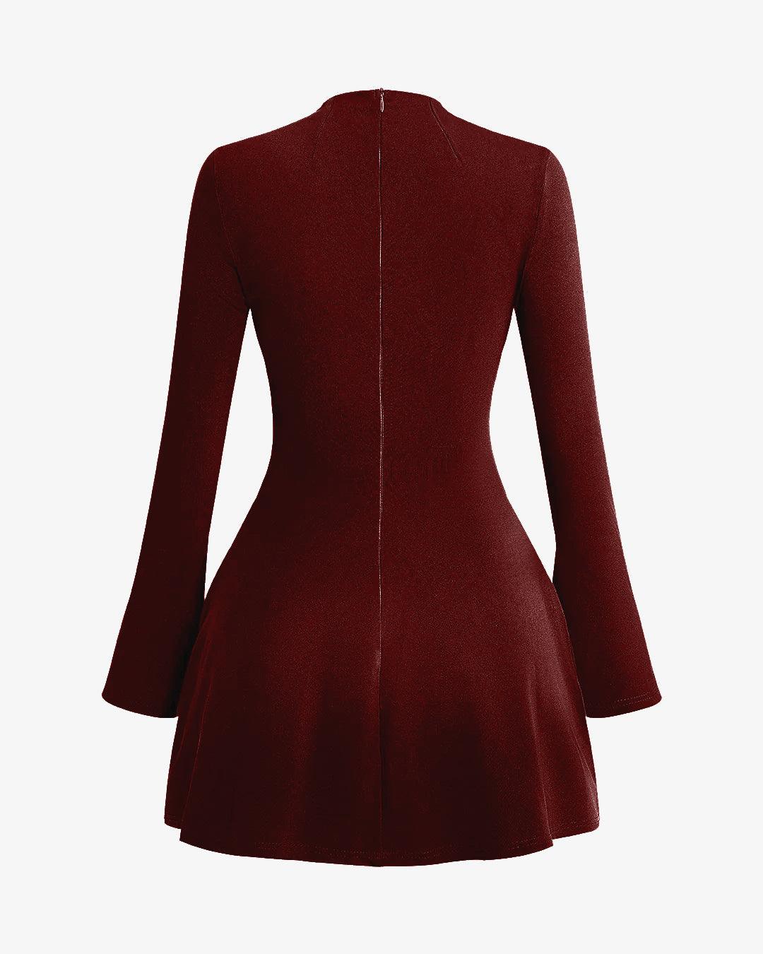 Stitching Bell Sleeve Mini Dress In Maroon - Image 2