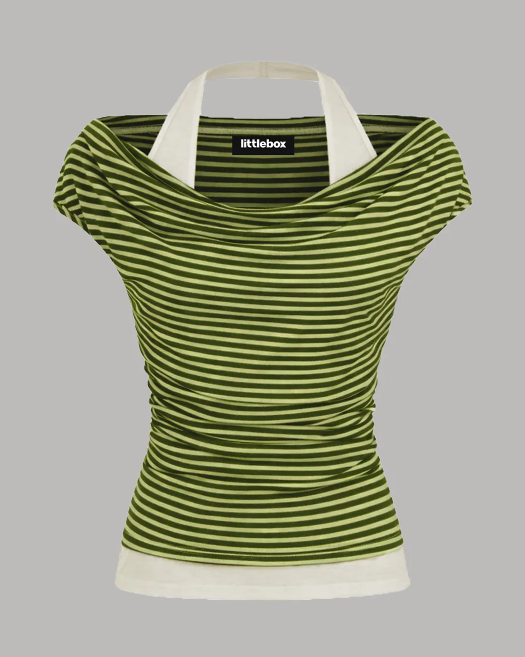 Striped Cowl Neck Ruched Short Sleeve Two Tone Layered Top in Green