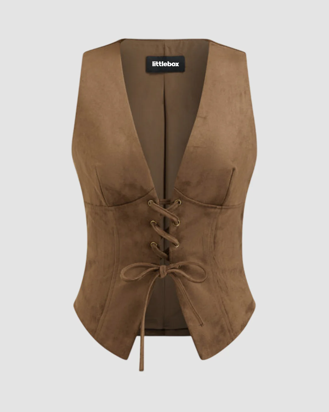 Suede V-neck Lace Up Blazer Vest Top In Brown