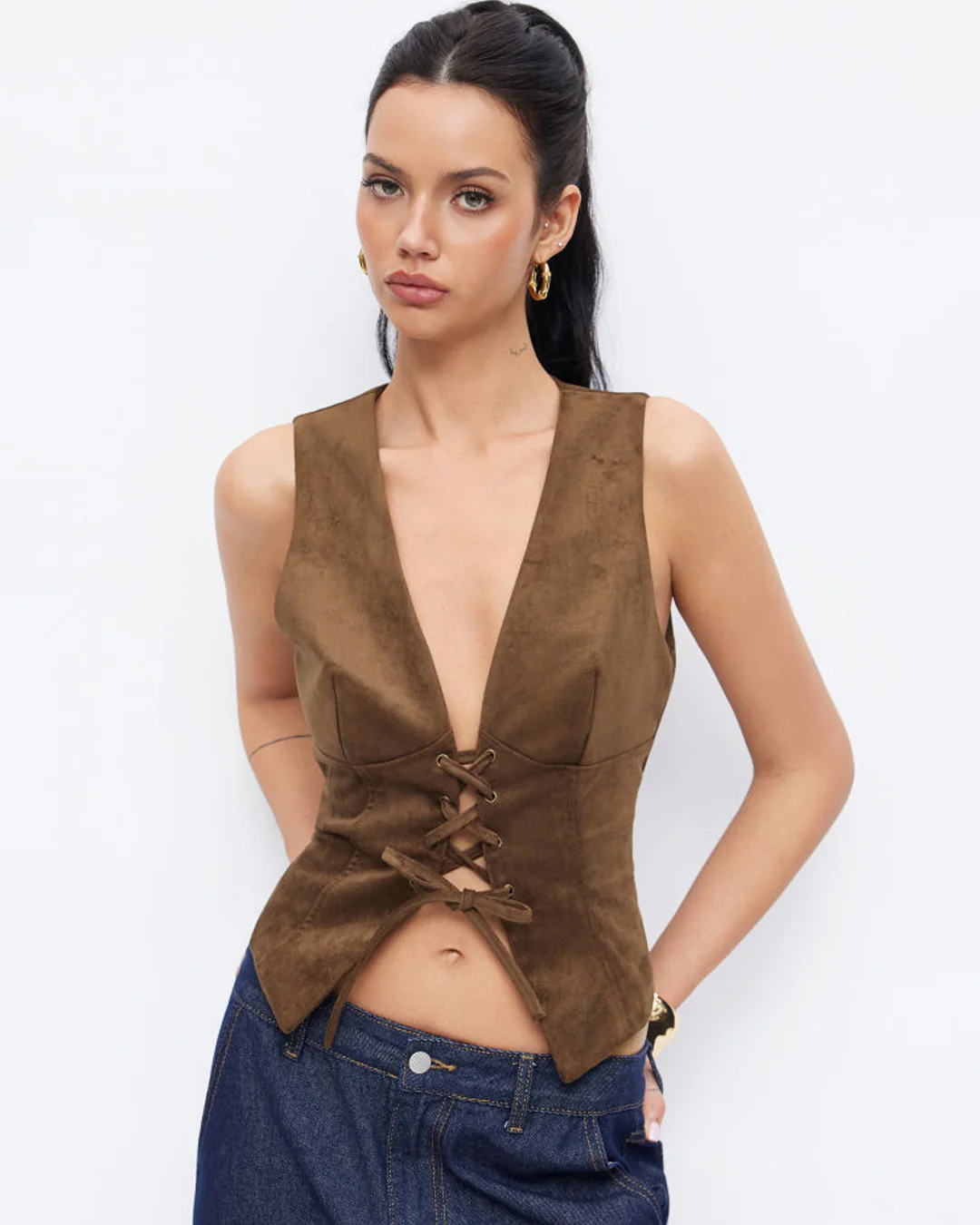 Suede V-neck Lace Up Blazer Vest Top In Brown - Image 2