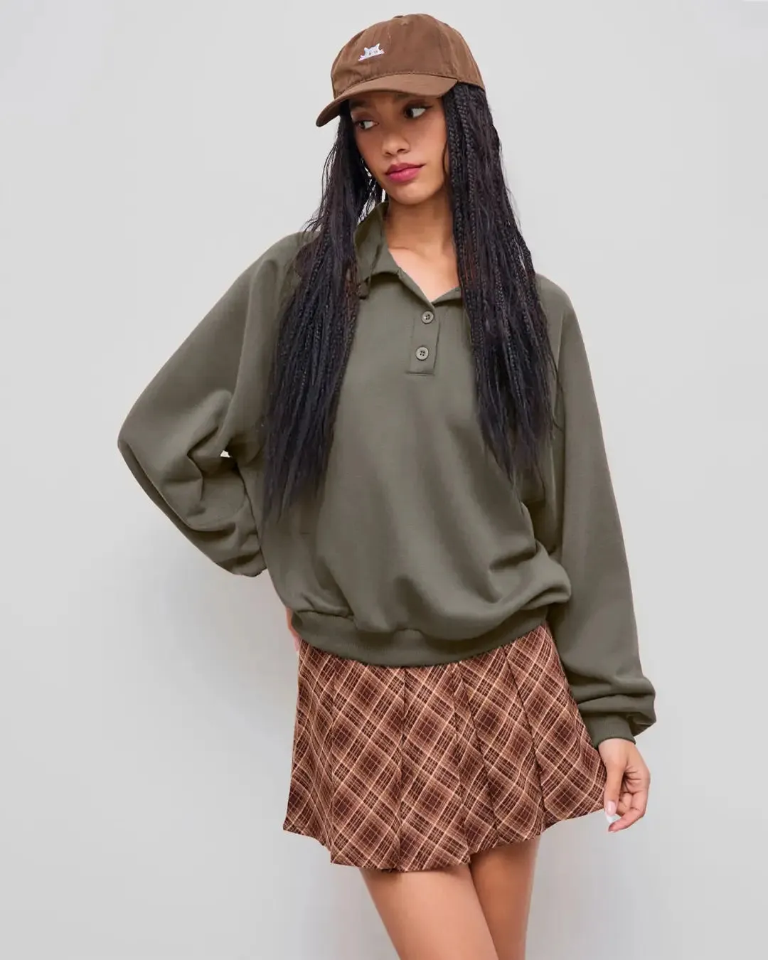 Terry Collar Solid Oversized Sweatshirt In Brown - Image 3