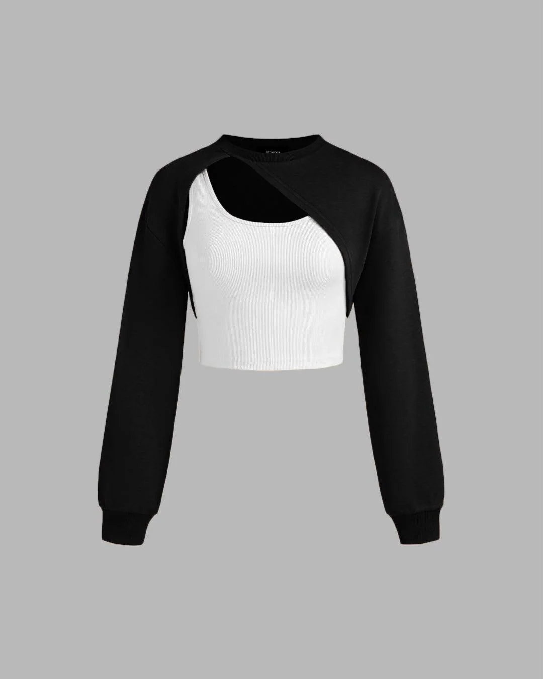 Terry Round Neck Vest & Crop Top In Black