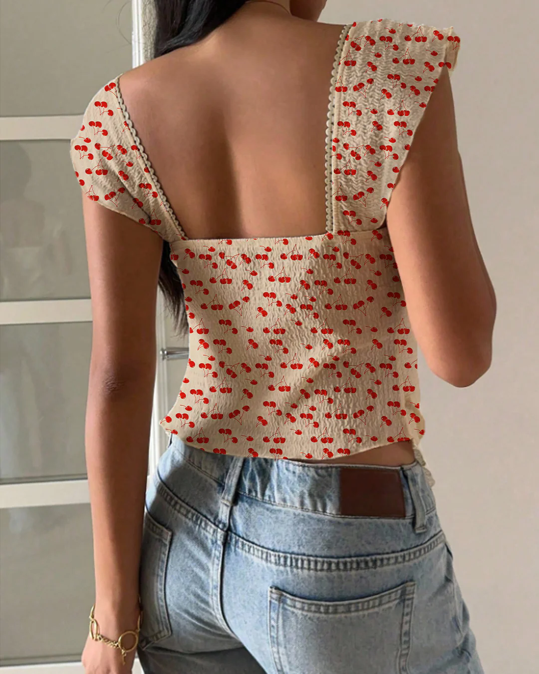 Textured Knit Double-Layer Ruffled Hem Sweetheart Neck Top - Image 2