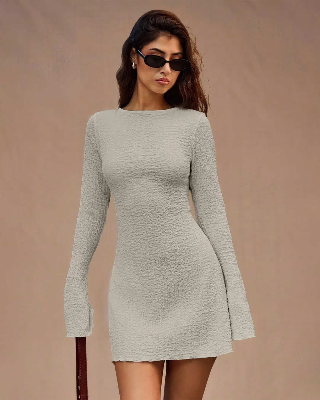 Textured Long Sleeve Dress in Light Grey - Image 2