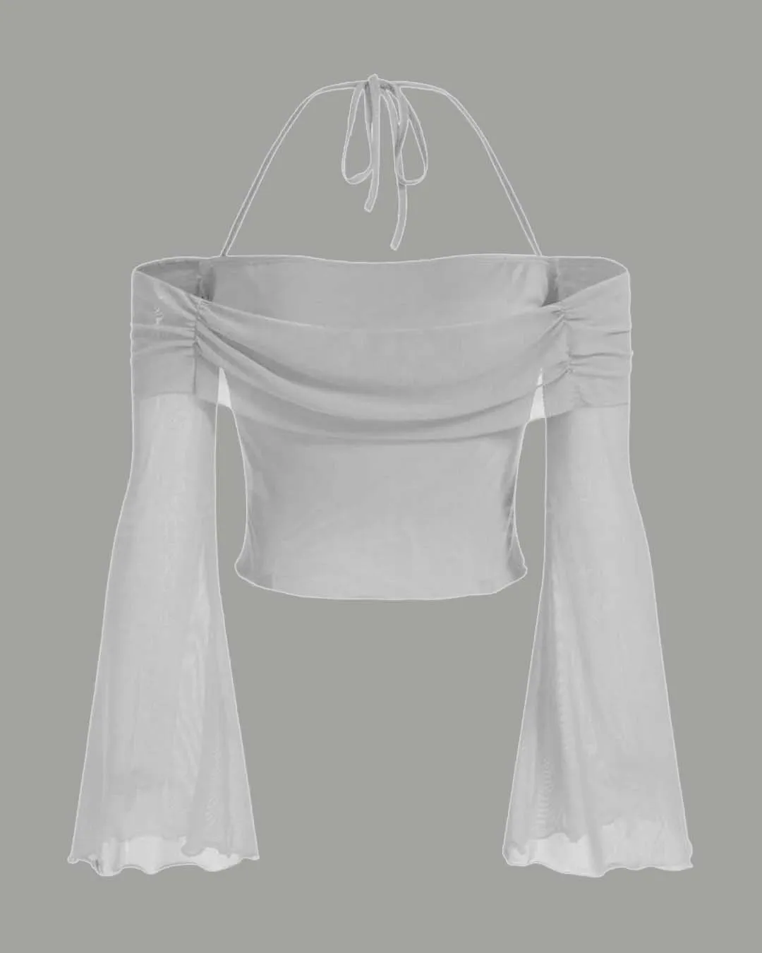 Tie Around Off Shoulder Lantern Sleeve White Crop Top - Image 2
