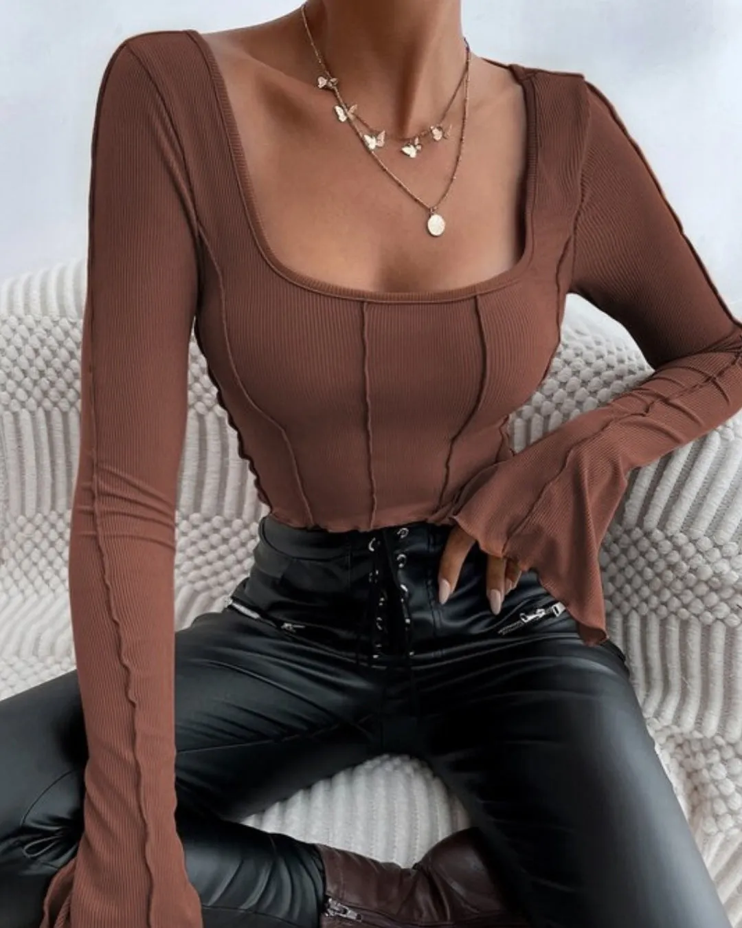 Brown Long Sleeve Rib Top