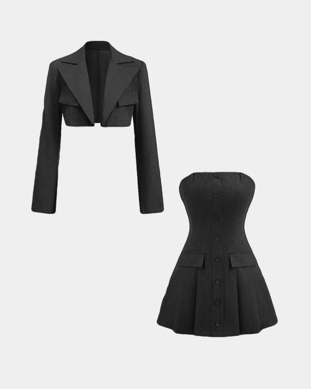 Turndown Collar Blazer & Bustier Two Piece Dress In Black - Image 2