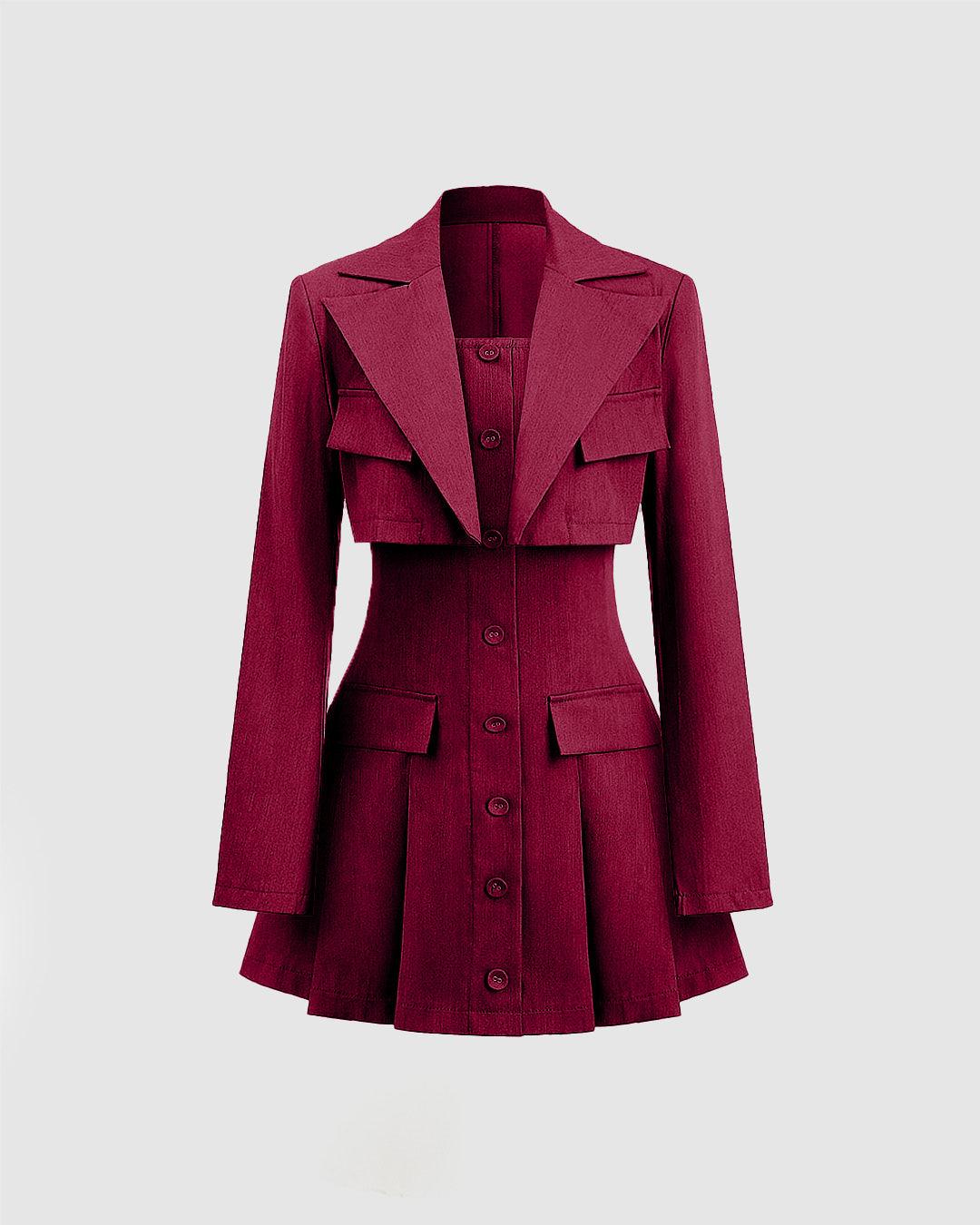 Turndown Collar Blazer & Bustier Two Piece Dress In Burgundy - Image 3