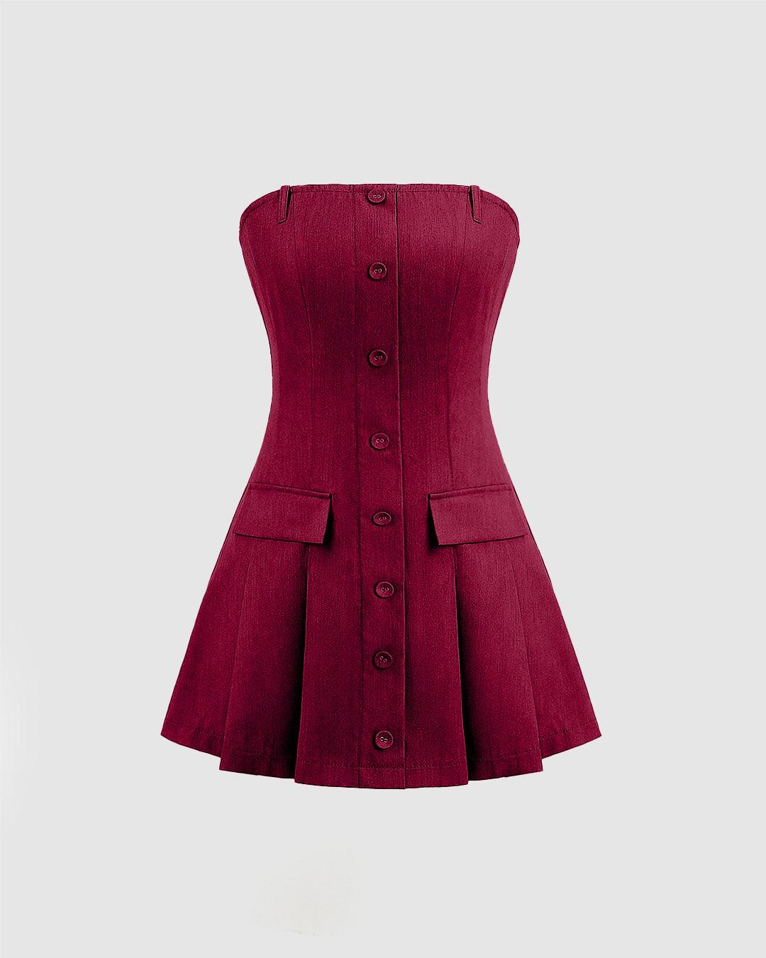 Turndown Collar Blazer & Bustier Two Piece Dress In Burgundy - Image 4