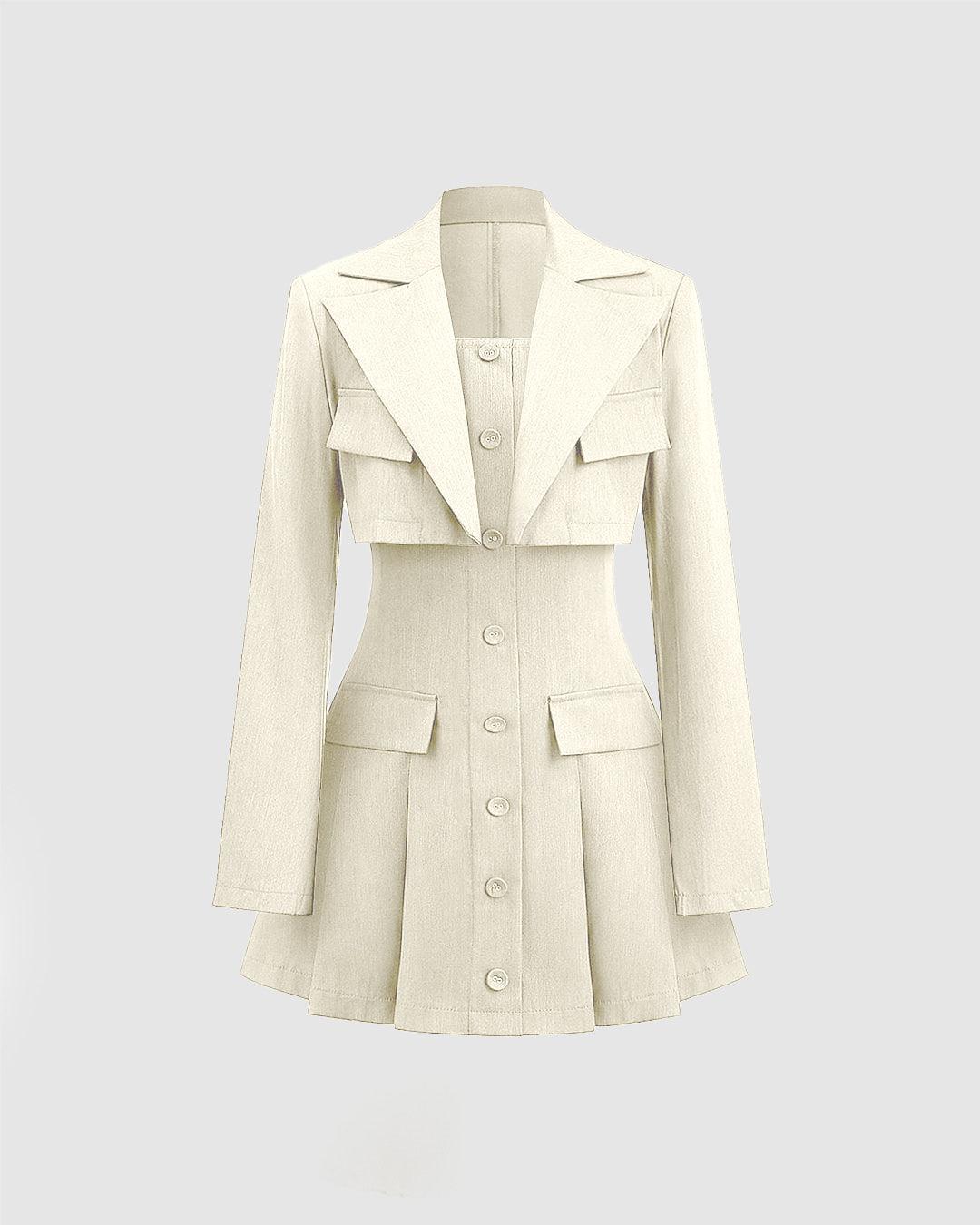Turndown Collar Blazer & Bustier Two Piece Dress In Off-White - Image 3