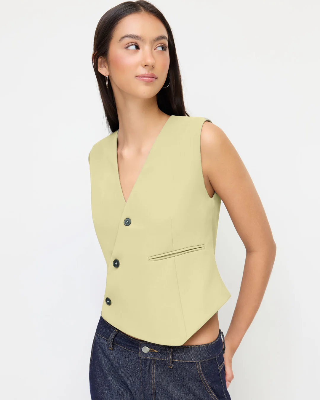 V-Neck Asymmetrical Belted Waistcoat in Yellow - Image 3