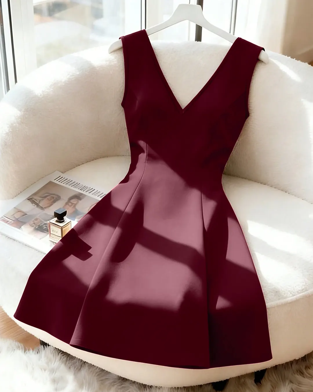 V-Neck Backless Fitted With Bowknot Mini Dress in Burgundy