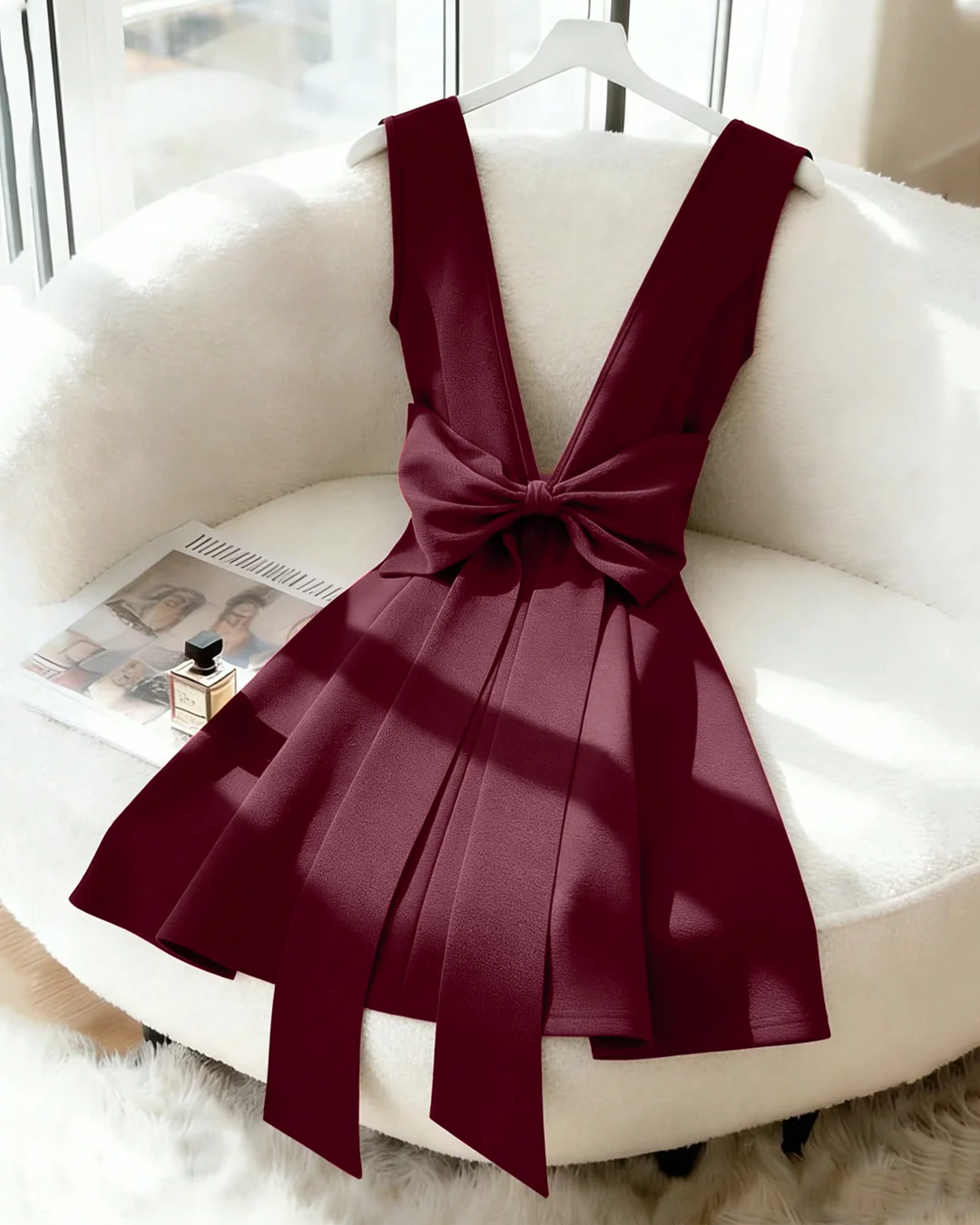 V-Neck Backless Fitted With Bowknot Mini Dress in Burgundy - Image 2