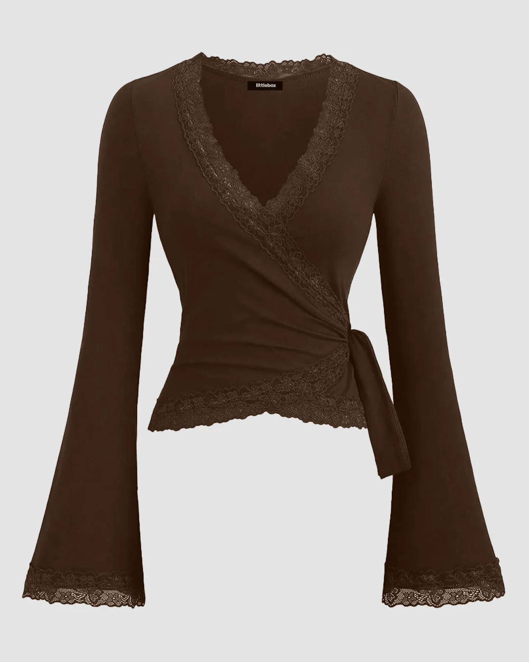 V-Neck Bell Sleeve Lace Trim Side Knot Top in Brown