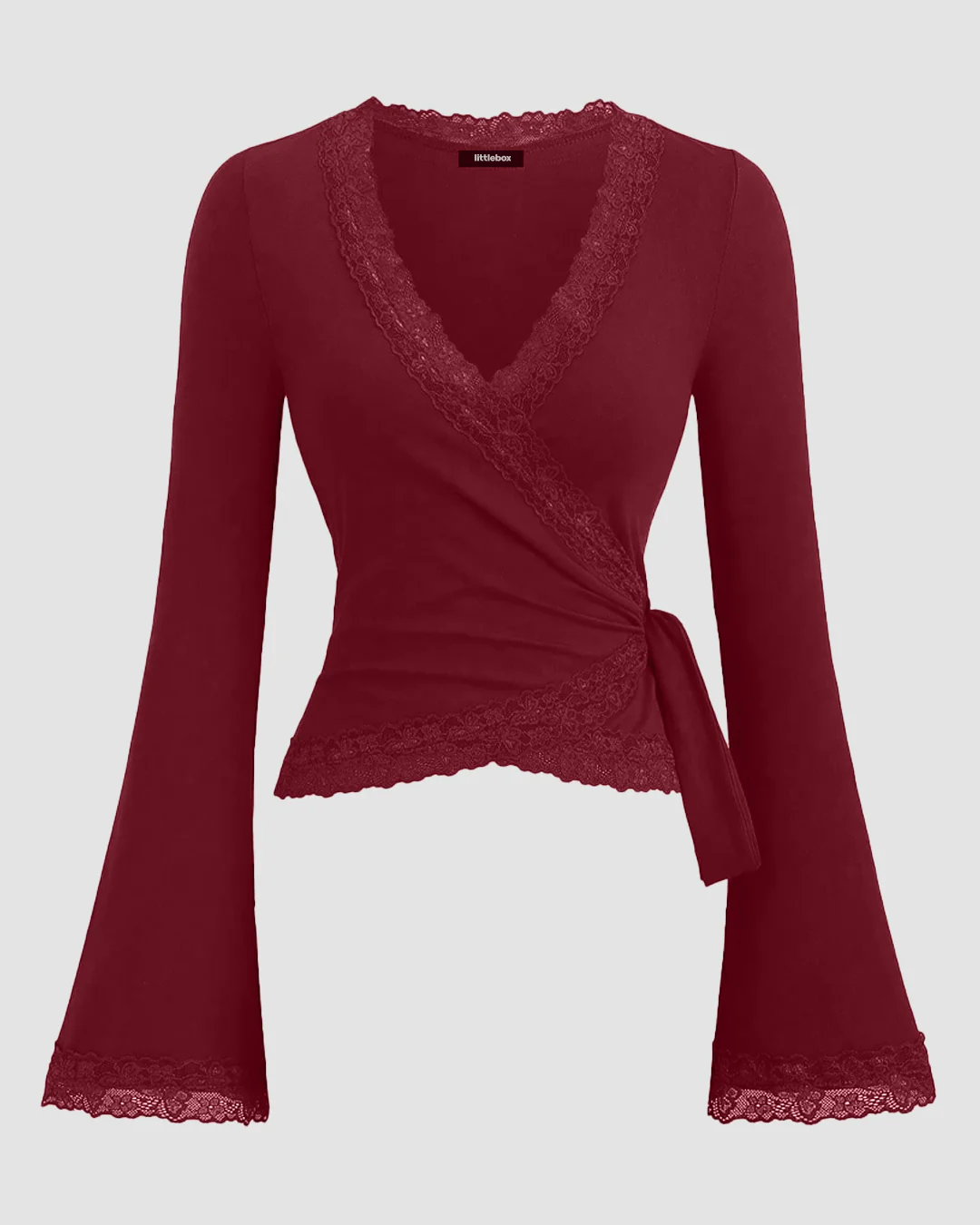 V-Neck Bell Sleeve Lace Trim Side Knot Top in Maroon