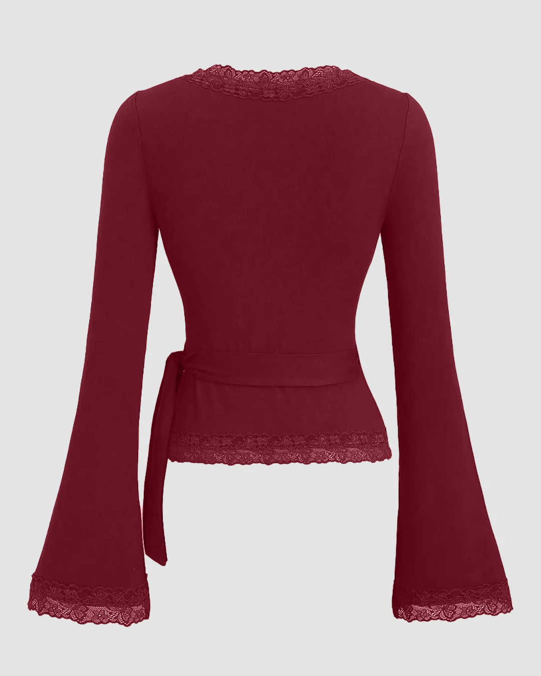 V-Neck Bell Sleeve Lace Trim Side Knot Top in Maroon - Image 2
