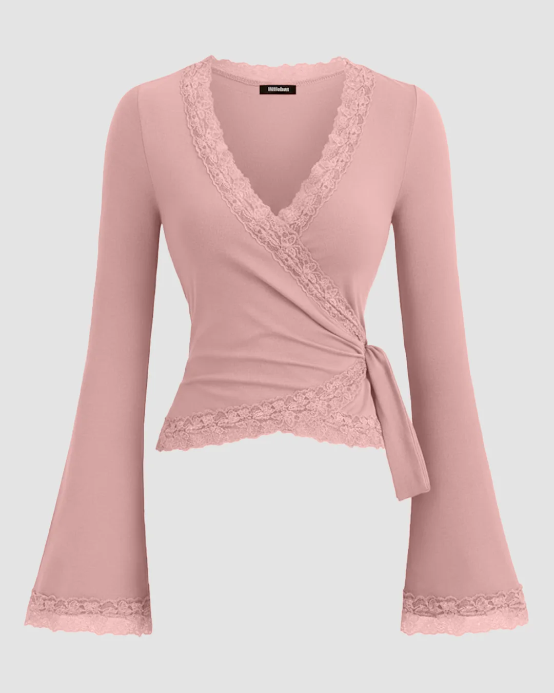 V-Neck Bell Sleeve Lace Trim Side Knot Top in Rose
